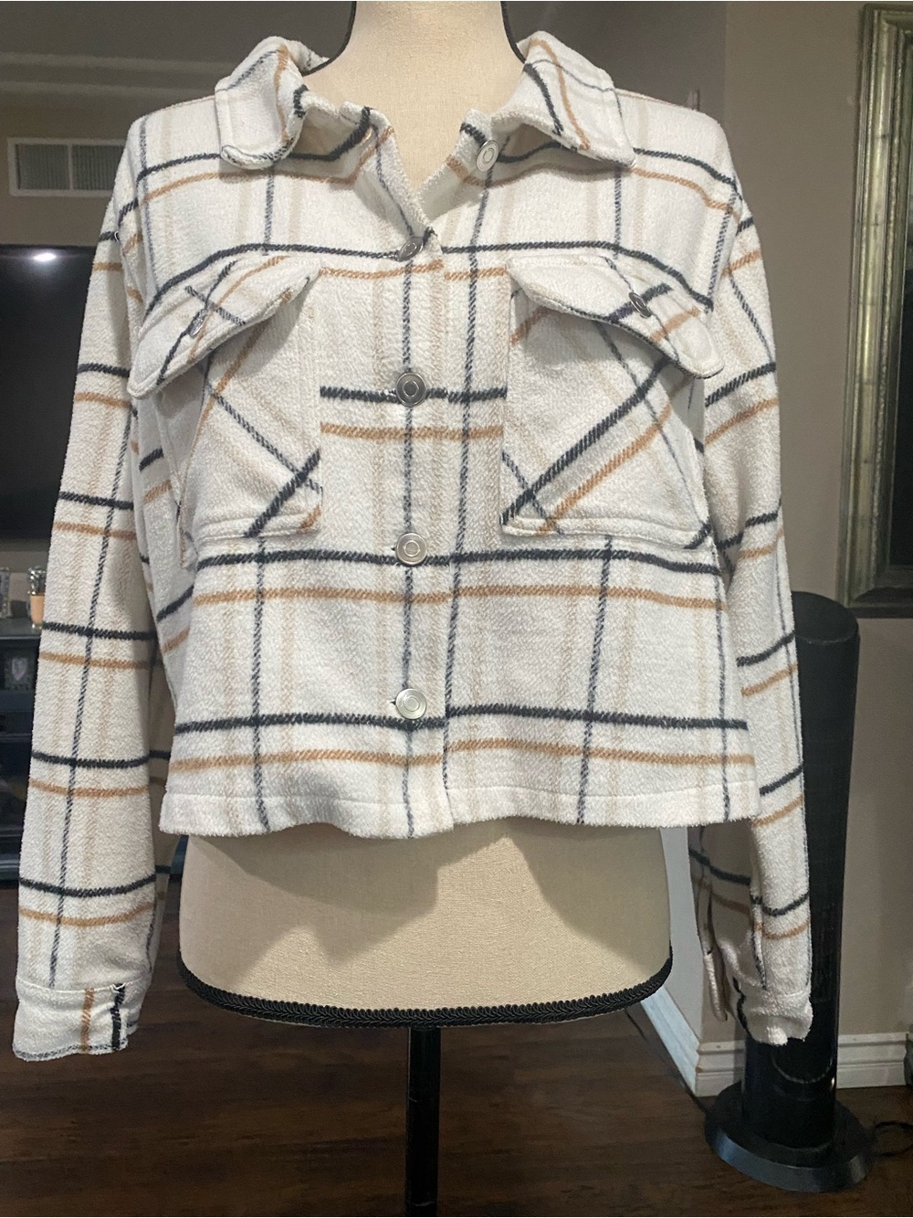 Ashley By 26 International Cream Plaid Teddy Jacket